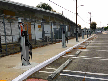 Electric vehicle charging station located in a parking lot