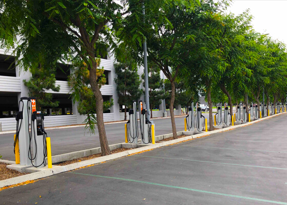 Electrica vehicle charging stations at a parking lot in Southern California